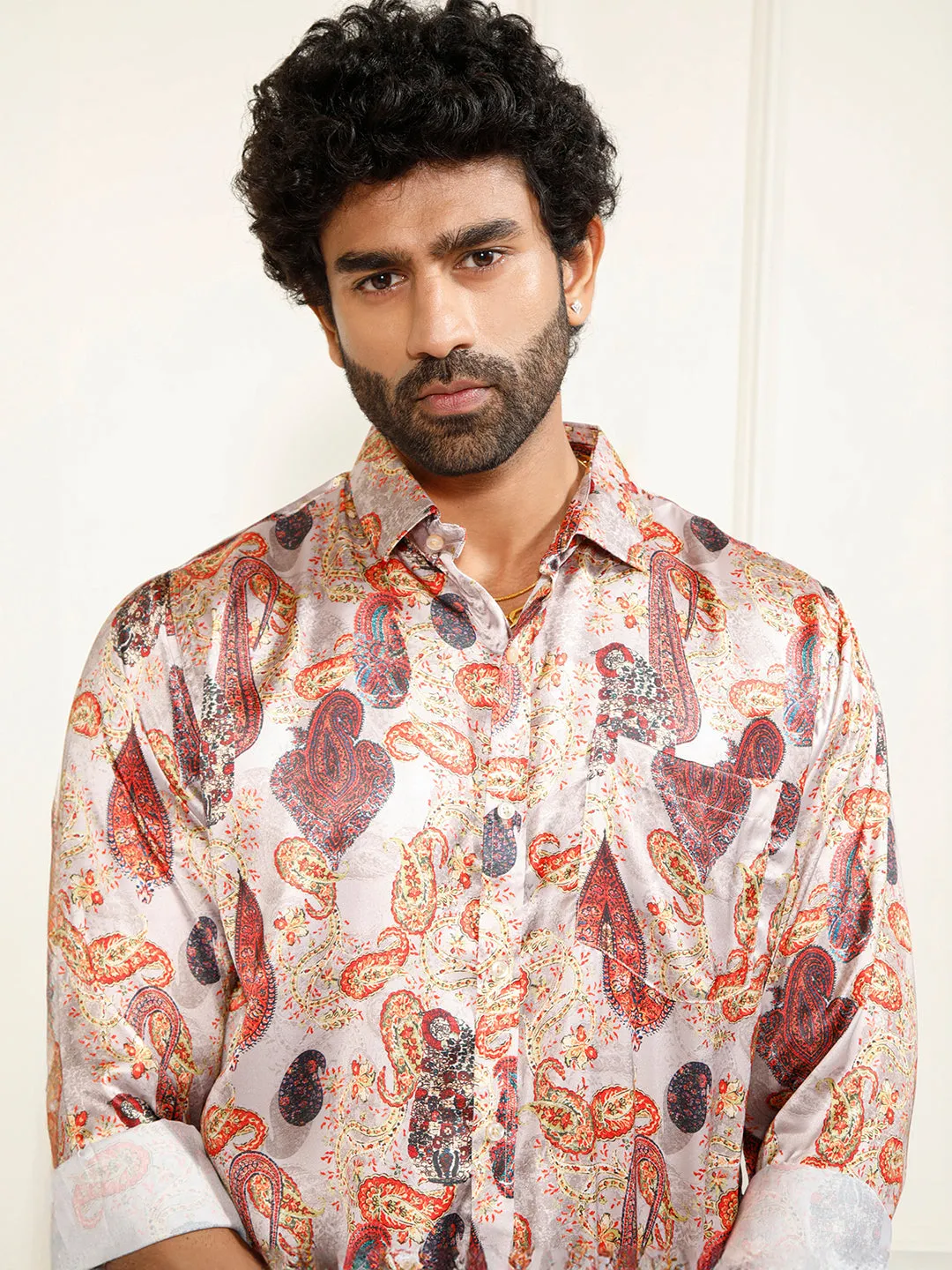 VASTRAMAY Men's Multi-Color Silk Blend Printed Shirt