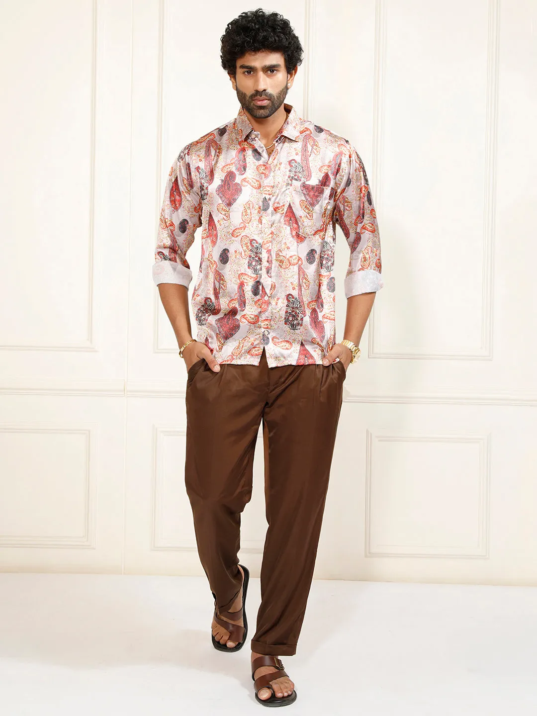 VASTRAMAY Men's Multi-Color Silk Blend Printed Shirt