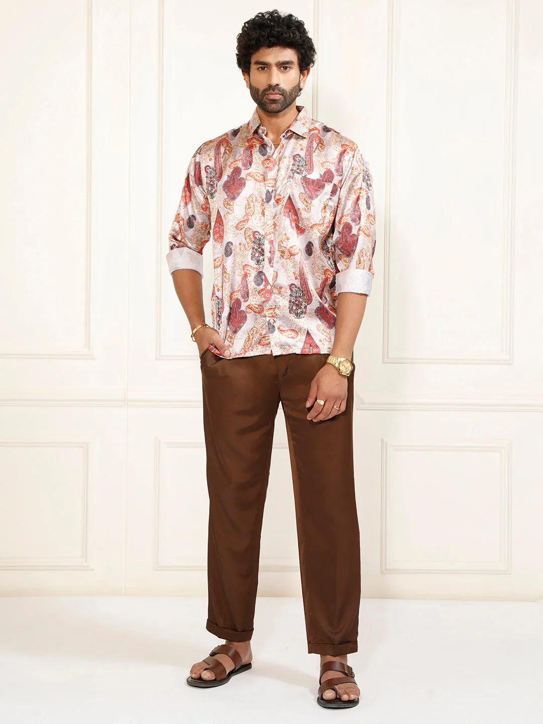 VASTRAMAY Men's Multi-Color Silk Blend Printed Shirt