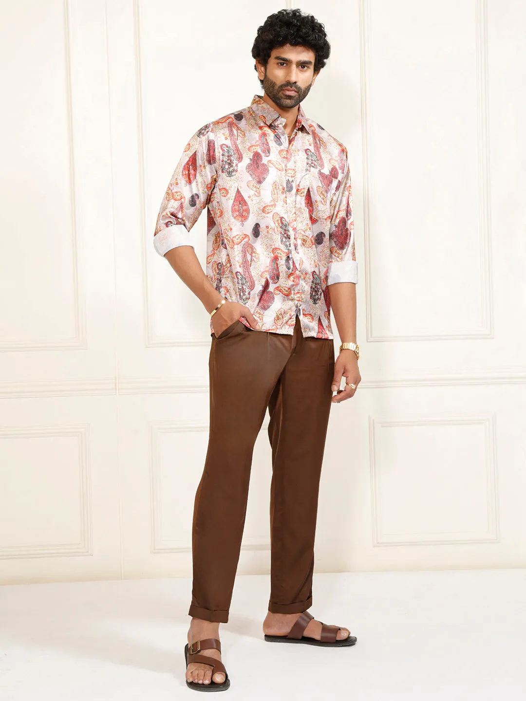 VASTRAMAY Men's Multi-Color Silk Blend Printed Shirt