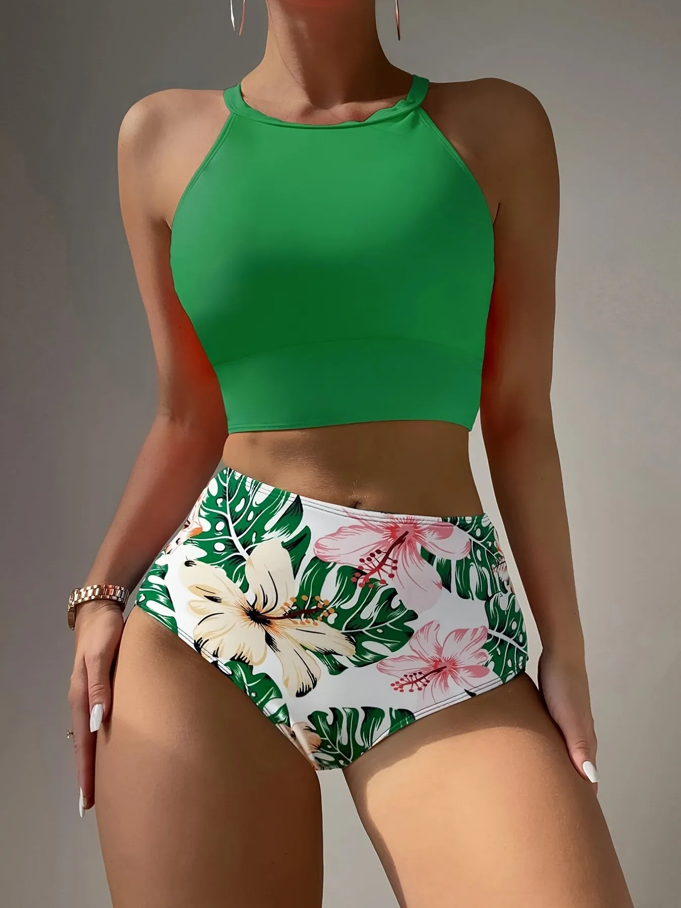 Vibrant Colorblock High-Waisted Bikini with Tropical Print - Trendy Round Neck Two-Piece Swimsuit for Beach Fun