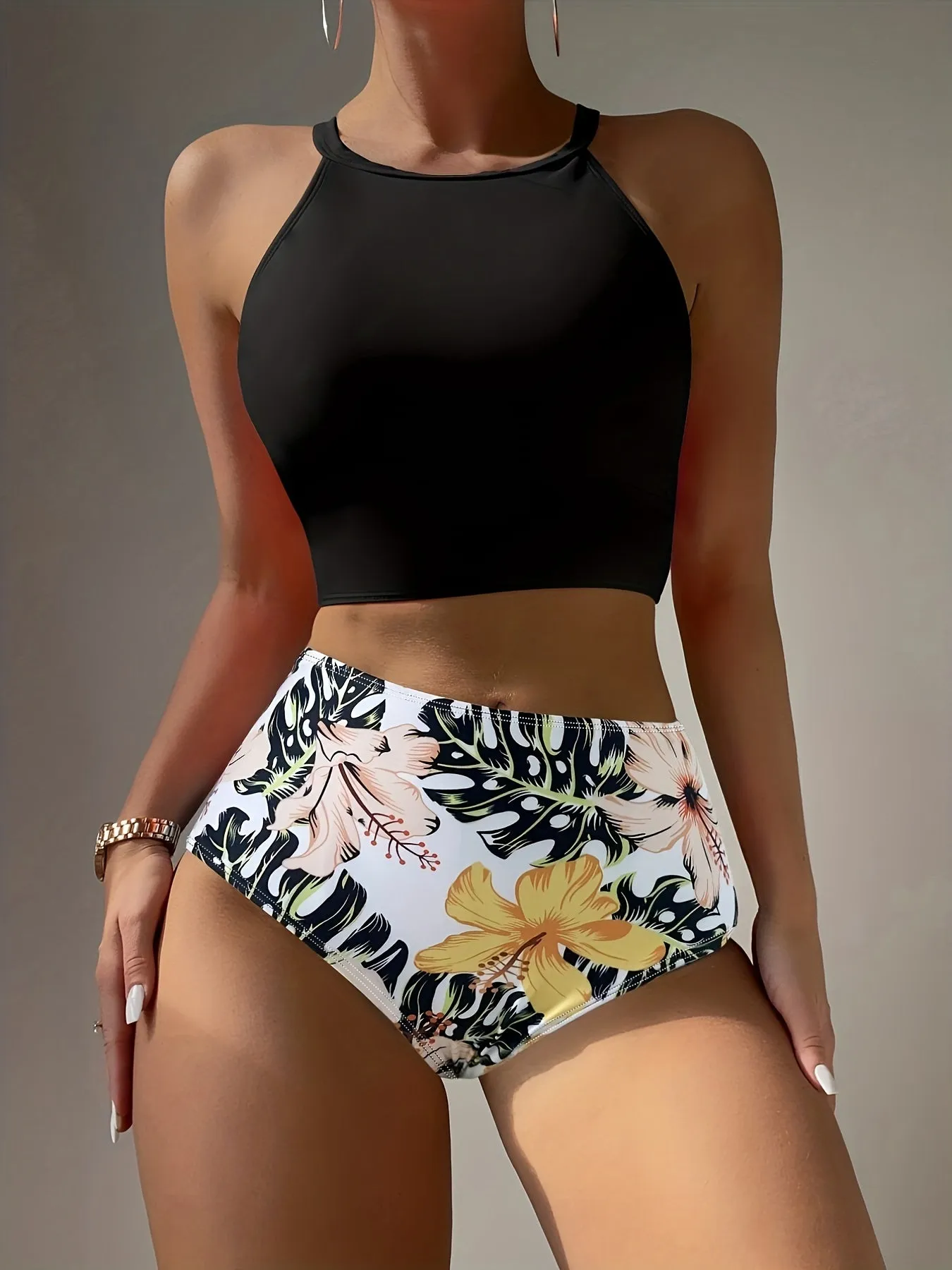 Vibrant Colorblock High-Waisted Bikini with Tropical Print - Trendy Round Neck Two-Piece Swimsuit for Beach Fun