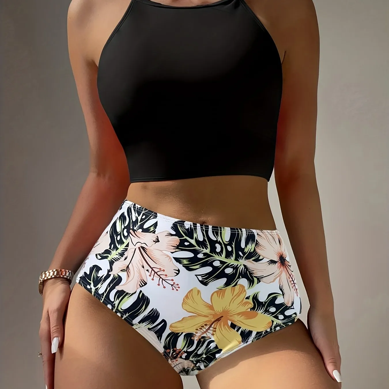 Vibrant Colorblock High-Waisted Bikini with Tropical Print - Trendy Round Neck Two-Piece Swimsuit for Beach Fun