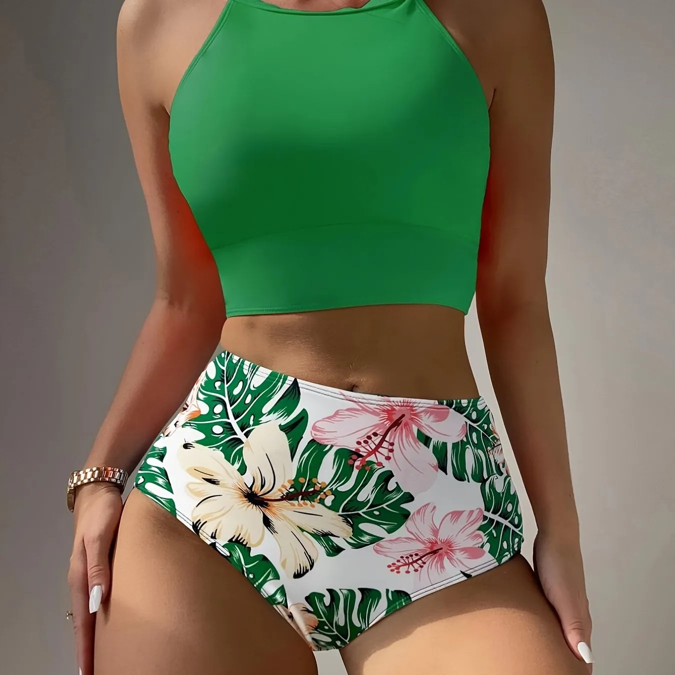 Vibrant Colorblock High-Waisted Bikini with Tropical Print - Trendy Round Neck Two-Piece Swimsuit for Beach Fun