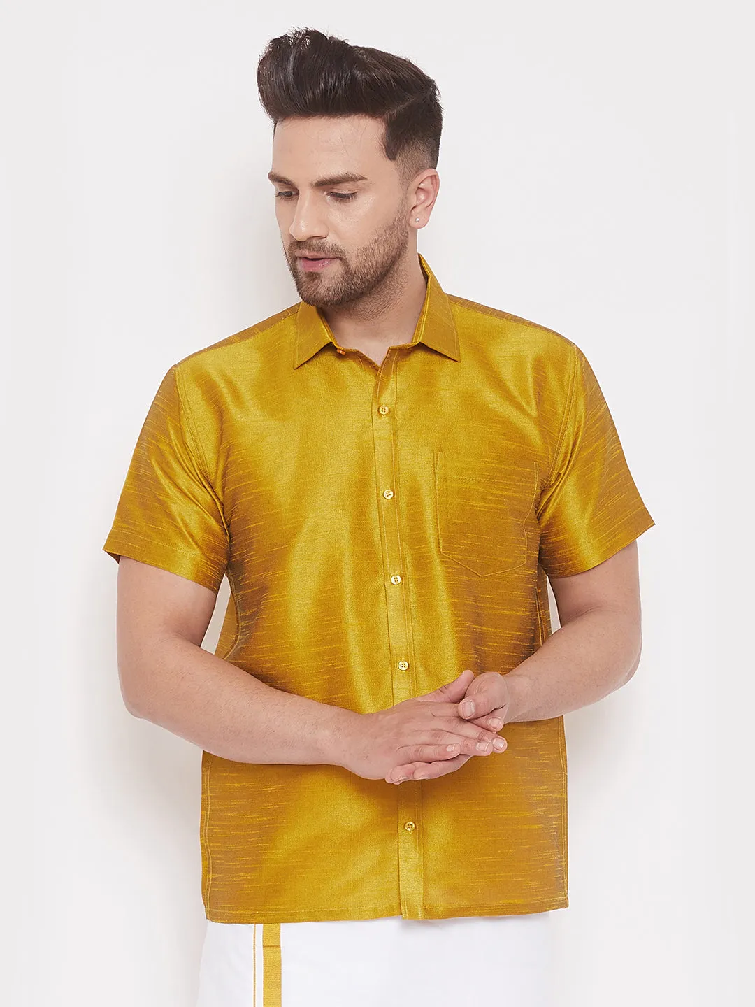 VM By VASTRAMAY Men's Mustard Silk Blend Ethnic Shirt