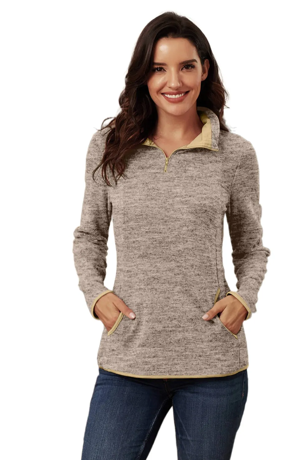 Women's Casual Khaki Quarter Zip Pullover Sweatshirt