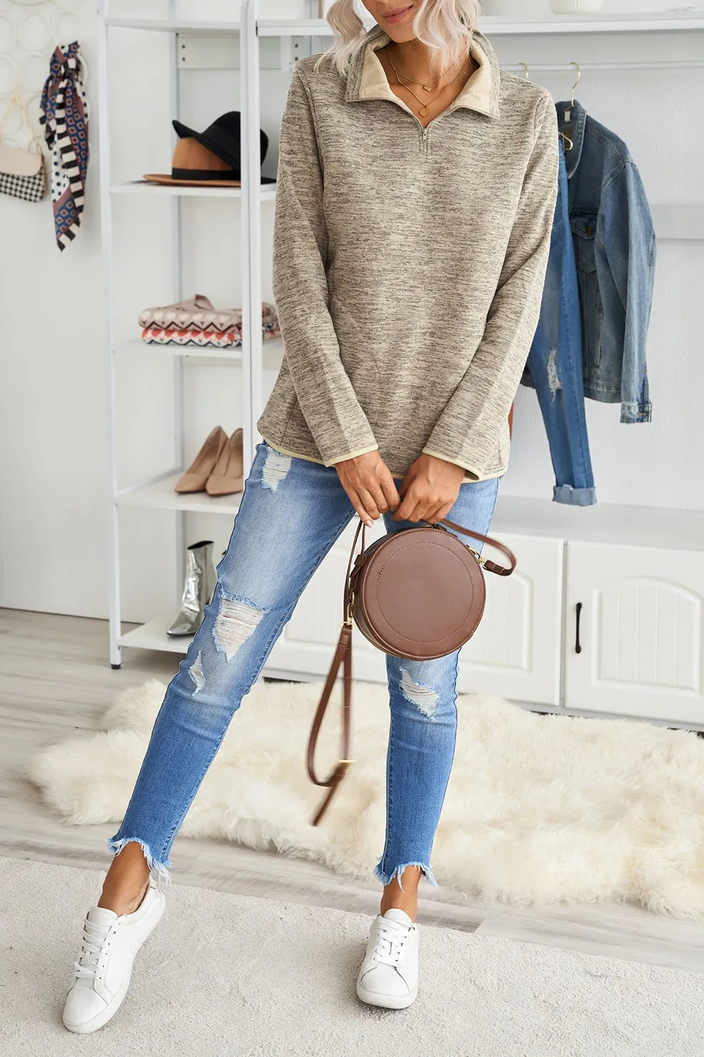 Women's Casual Khaki Quarter Zip Pullover Sweatshirt