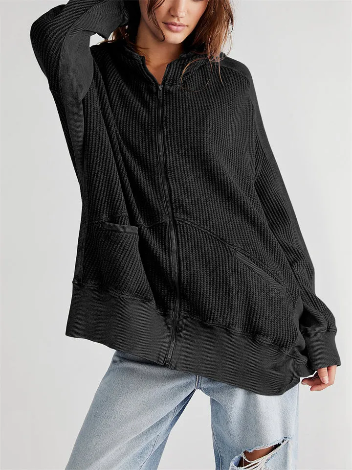 Women's Casual Oversized Patch Pocket Zipper Hoodies