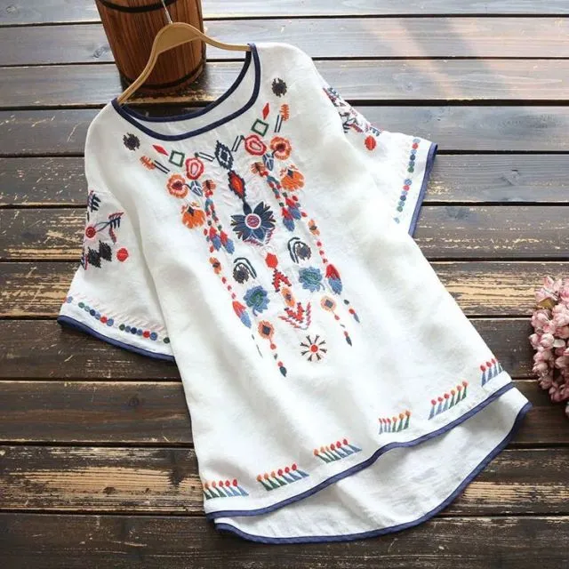 Women's Popular Southwestern Embroidered Cotton Tunic Top