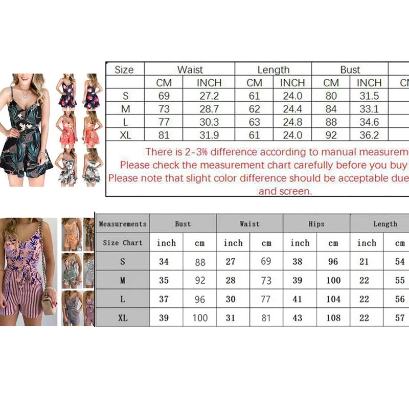 Women's Summer Tropical Print Jumpsuit Casual Slim Short Sleeve V-Neck Beach Rompers Sleeveless