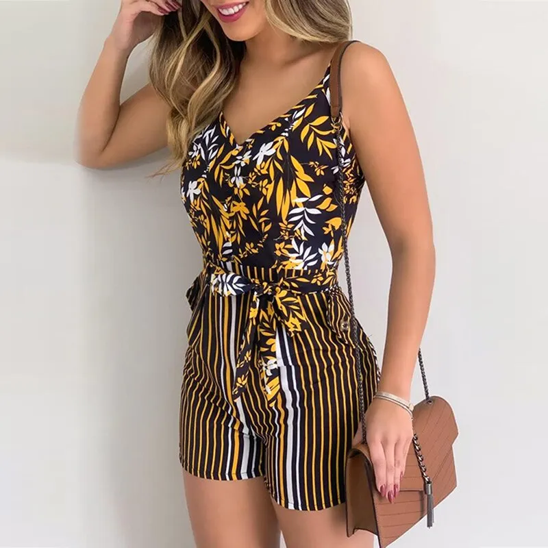 Women's Summer Tropical Print Jumpsuit Casual Slim Short Sleeve V-Neck Beach Rompers Sleeveless