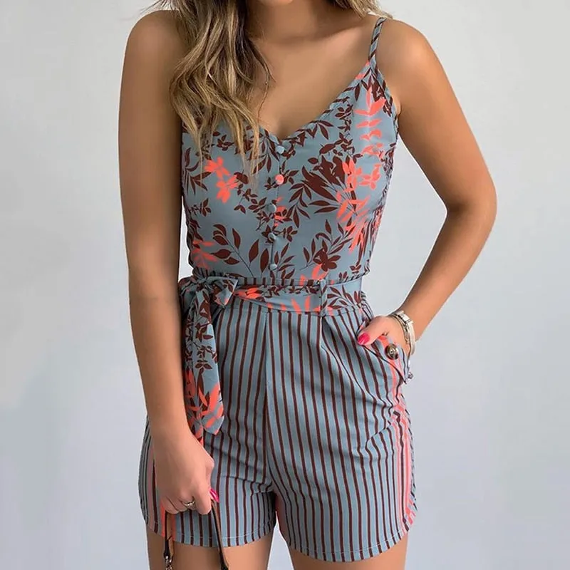 Women's Summer Tropical Print Jumpsuit Casual Slim Short Sleeve V-Neck Beach Rompers Sleeveless