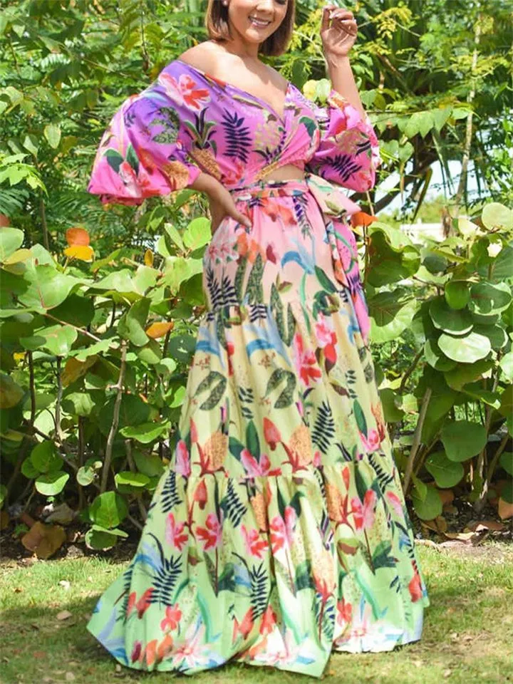 Women's Tropical Floral Print Off Shoulder Sexy Dress