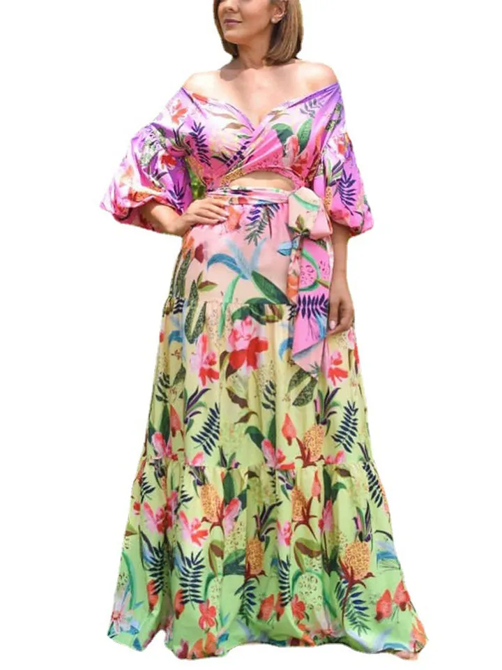 Women's Tropical Floral Print Off Shoulder Sexy Dress